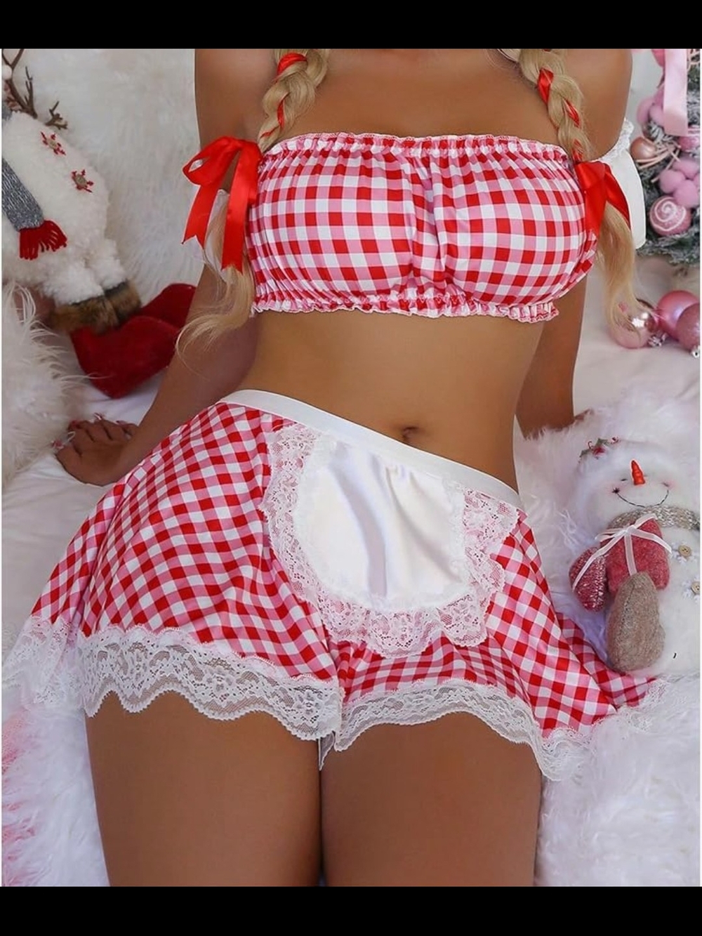 Red Gingham Bandeau Four-Piece Set with White Lace Accent
